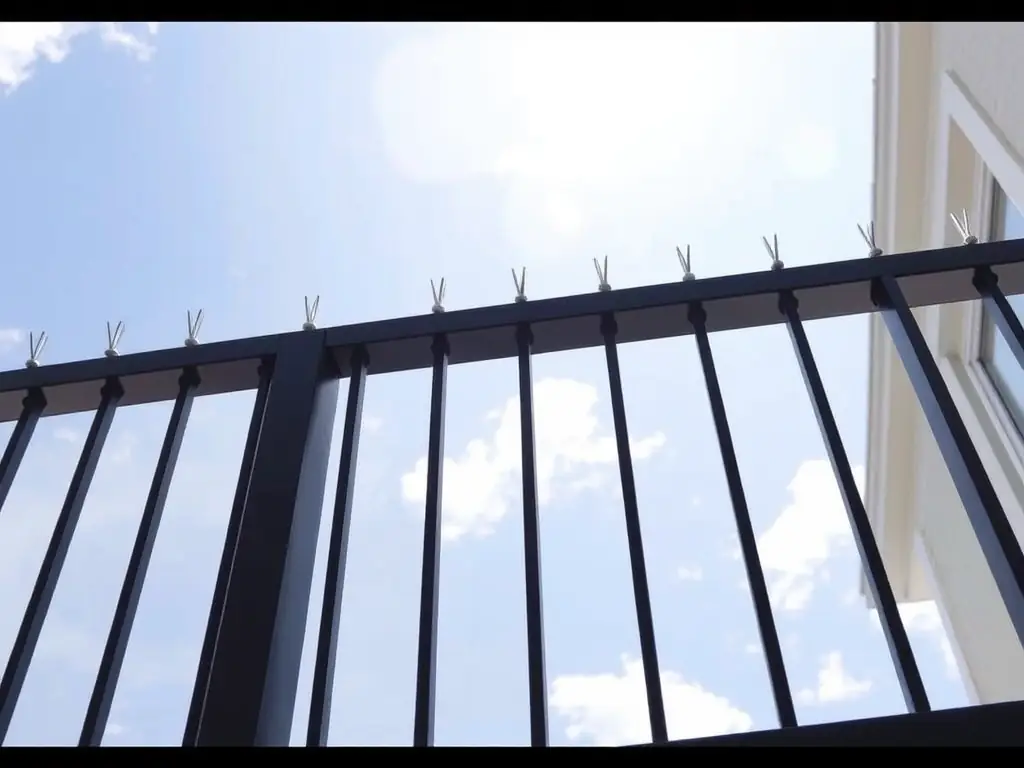 A wide shot of DAS SPITZENSYSTEM installed on a balcony railing, demonstrating its effectiveness in preventing birds from perching. The installation is clean and unobtrusive, blending seamlessly with the architecture.