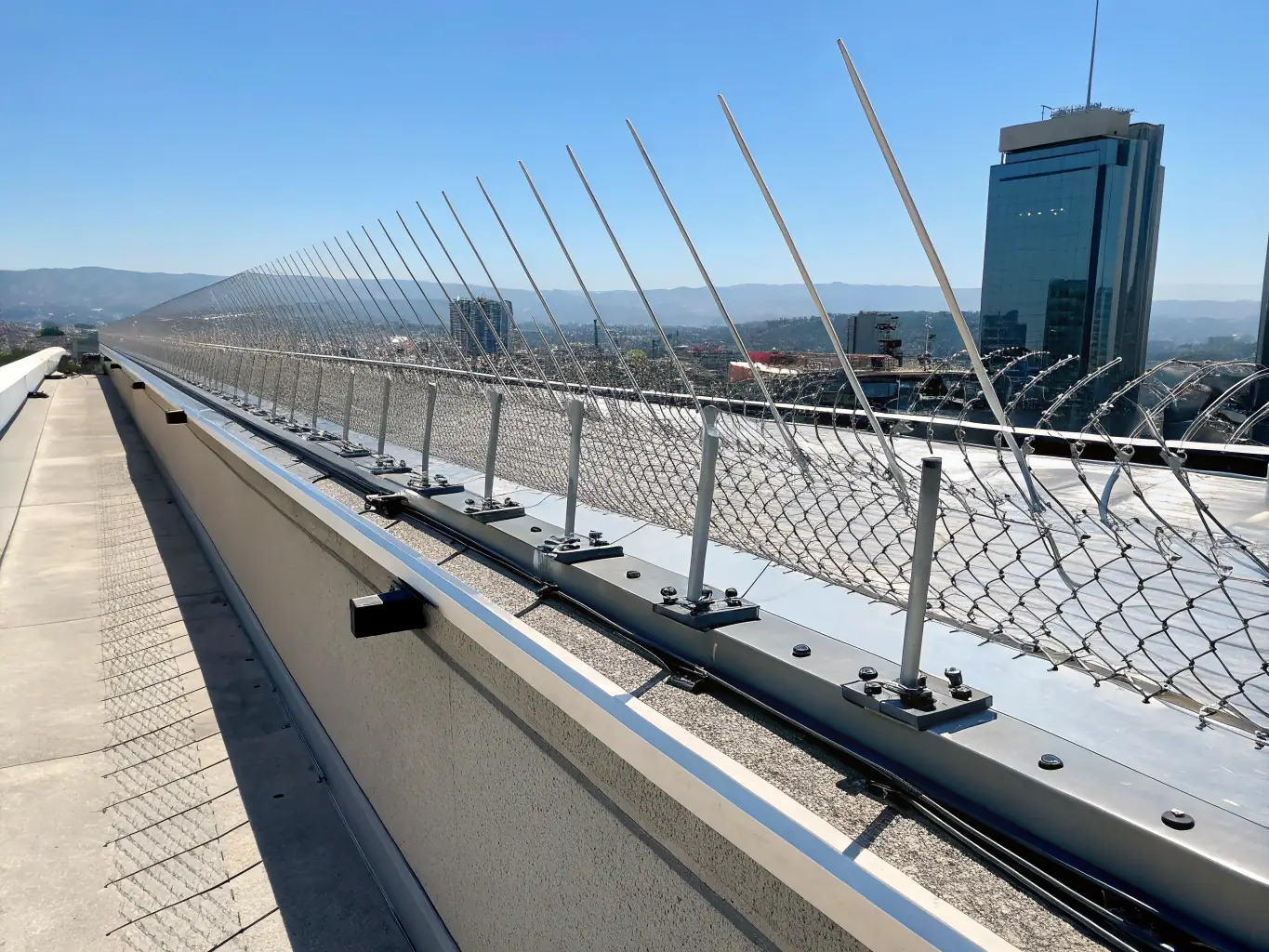 A detailed image of DAS SPITZENSYSTEM installed on a roof, specifically designed to protect against birds nesting in hard-to-reach areas. The spikes are strategically placed to maximize effectiveness.
