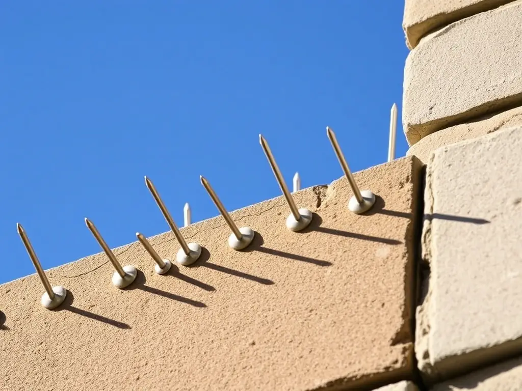 A close-up shot of the stainless steel spikes of DAS SPITZENSYSTEM installed on a window sill, effectively preventing birds from landing. The spikes are sharp but harmless, showcasing the humane design.
